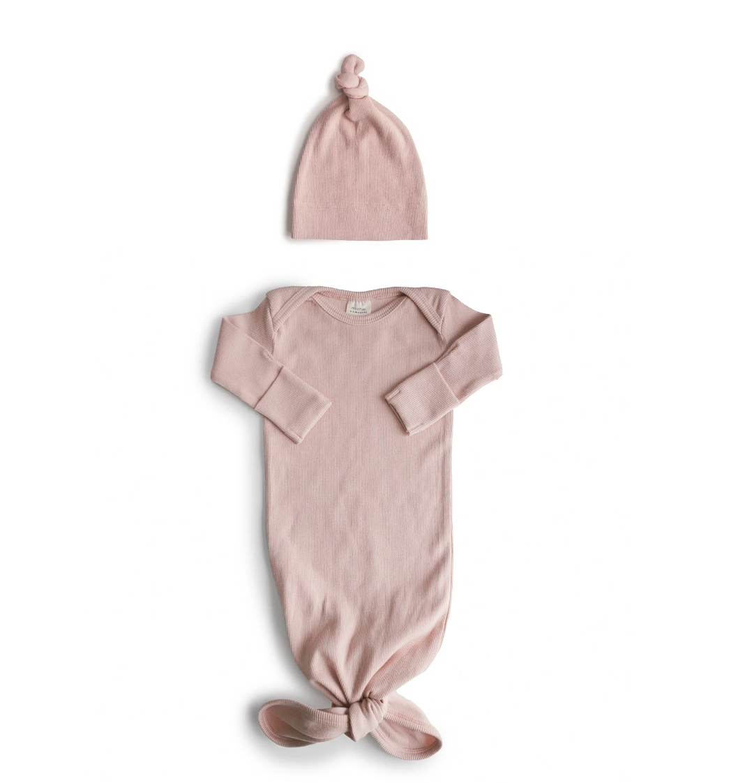 Ribbed Knotted Baby Gown + Beanie Set